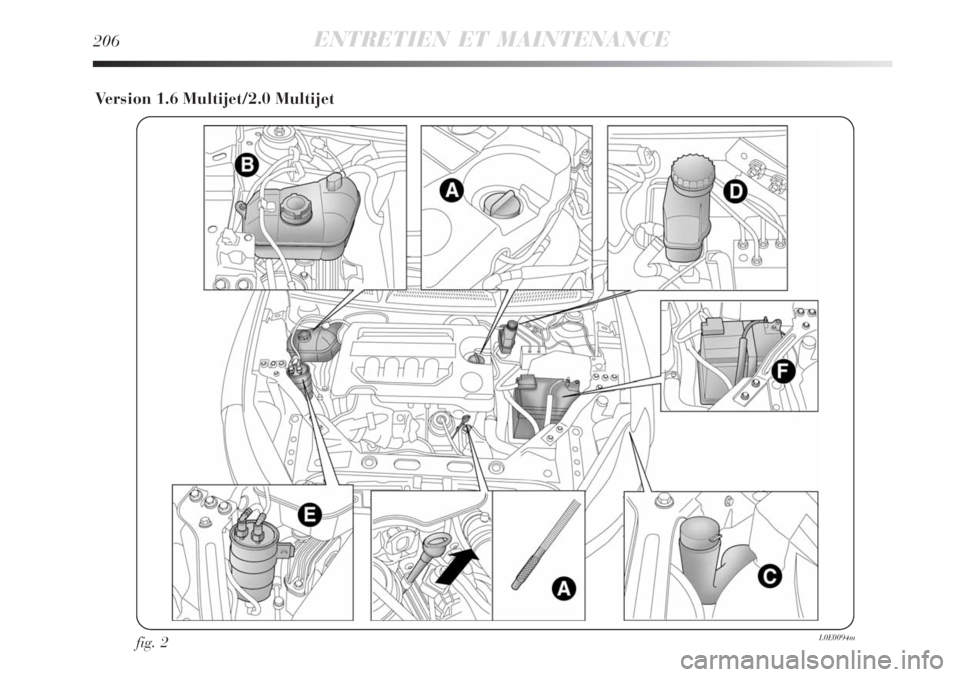 Lancia Delta 2009  Notice dentretien (in French) 206ENTRETIEN ET MAINTENANCE
Version 1.6 Multijet/2.0 Multijet
fig. 2L0E0094m 