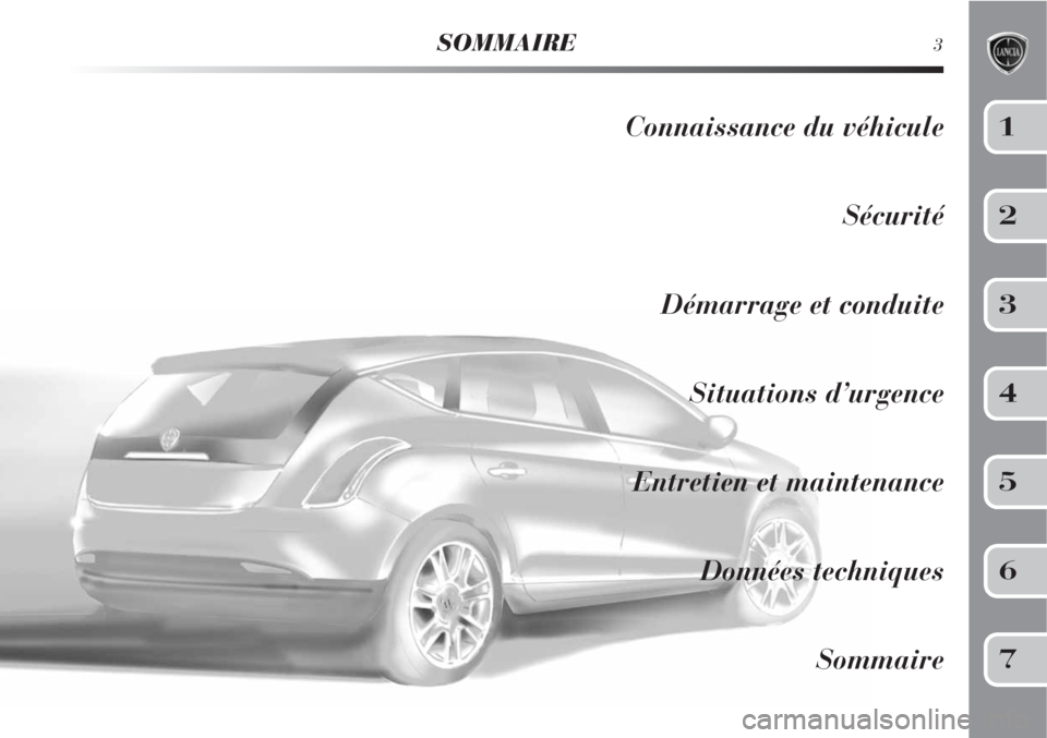 Lancia Delta 2008  Notice dentretien (in French) SOMMAIRE3
Connaissance du véhicule
Sécurité
Démarrage et conduite
Situations d’urgence
Entretien et maintenance
Données techniques
Sommaire1
2
3
4
5
6
7 