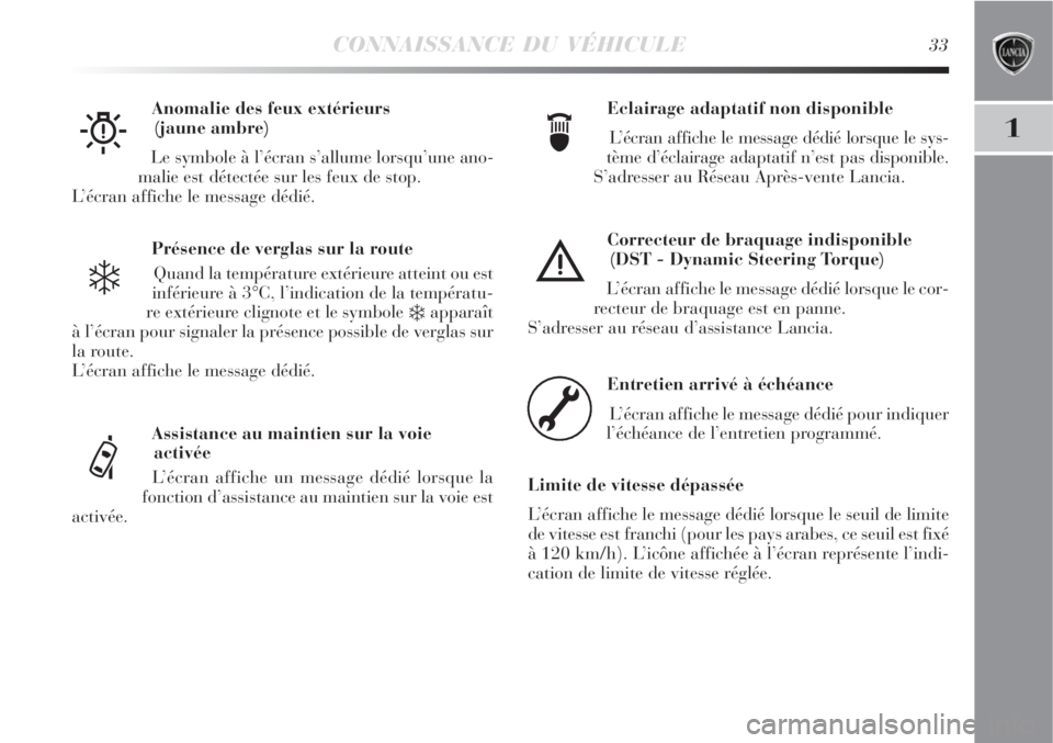 Lancia Delta 2008 Notice dentretien (in French) CONNAISSANCE DU VÉHICULE33
1
Présence de verglas sur la route
Quand la température extérieure atteint ou est
inférieure à 3°C, l’indication de la températu-
re extérieure clignote et le sym Lancia Delta 2008 Notice dentretien (in French) CONNAISSANCE DU VÉHICULE33
1
Présence de verglas sur la route
Quand la température extérieure atteint ou est
inférieure à 3°C, l’indication de la températu-
re extérieure clignote et le sym