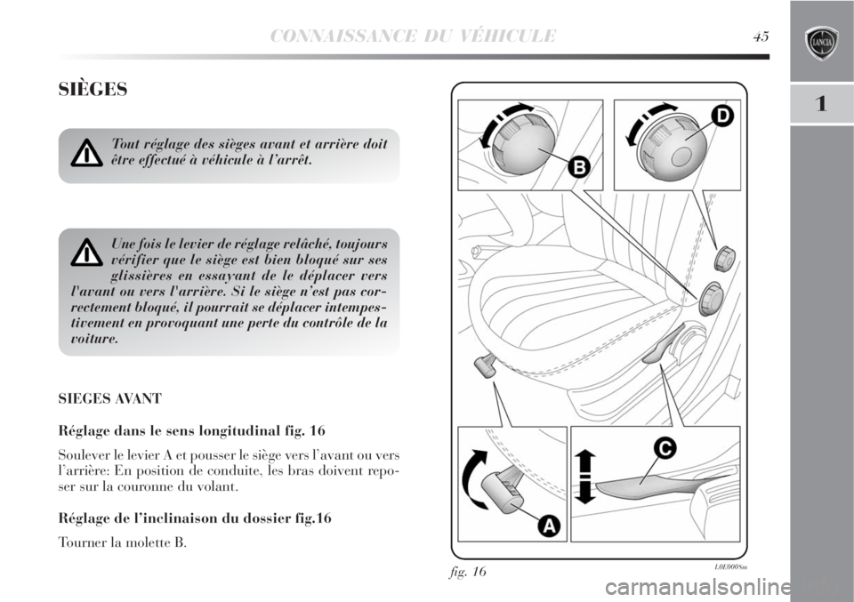 Lancia Delta 2009  Notice dentretien (in French) CONNAISSANCE DU VÉHICULE45
1
SIÈGES
SIEGES AVANT
Réglage dans le sens longitudinal fig. 16
Soulever le levier A et pousser le siège vers l’avant ou vers
l’arrière: En position de conduite, le
