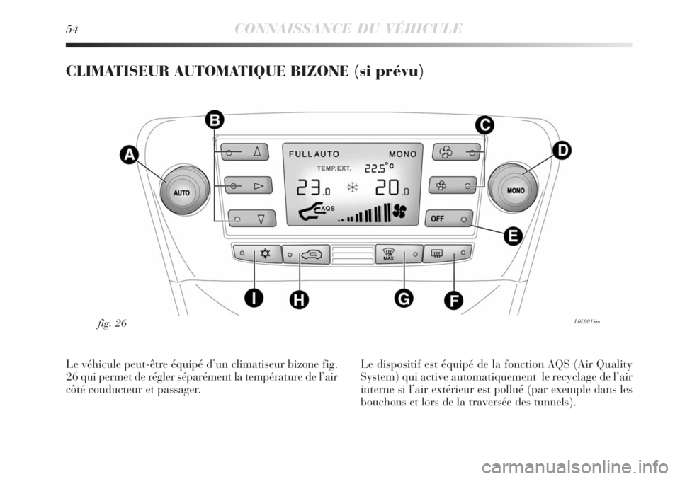 Lancia Delta 2009  Notice dentretien (in French) 54CONNAISSANCE DU VÉHICULE
CLIMATISEUR AUTOMATIQUE BIZONE (si prévu)
L0E0018mfig. 26
Le véhicule peut-être équipé d’un climatiseur bizone fig.
26 qui permet de régler séparément la tempéra