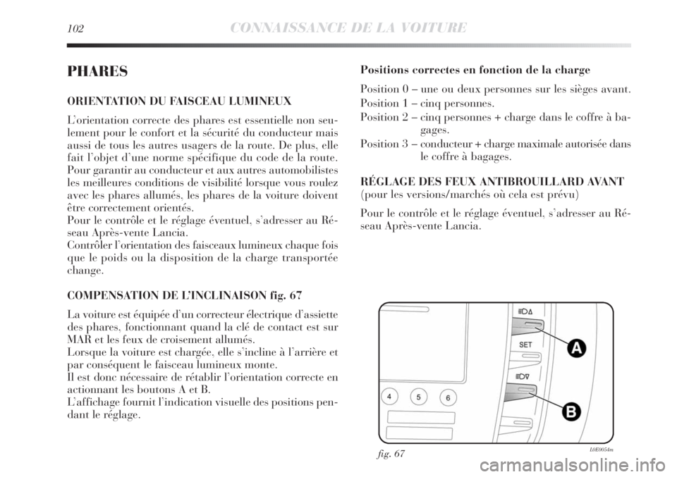 Lancia Delta 2011  Notice dentretien (in French) 102CONNAISSANCE DE LA VOITURE
PHARES
ORIENTATION DU FAISCEAU LUMINEUX 
L’orientation correcte des phares est essentielle non seu-
lement pour le confort et la sécurité du conducteur mais
aussi de 
