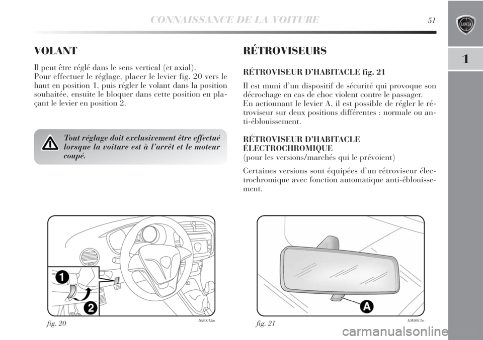 Lancia Delta 2011  Notice dentretien (in French) CONNAISSANCE DE LA VOITURE51
1
VOLANT
Il peut être réglé dans le sens vertical (et axial).
Pour effectuer le réglage, placer le levier fig. 20 vers le
haut en position 1, puis régler le volant da