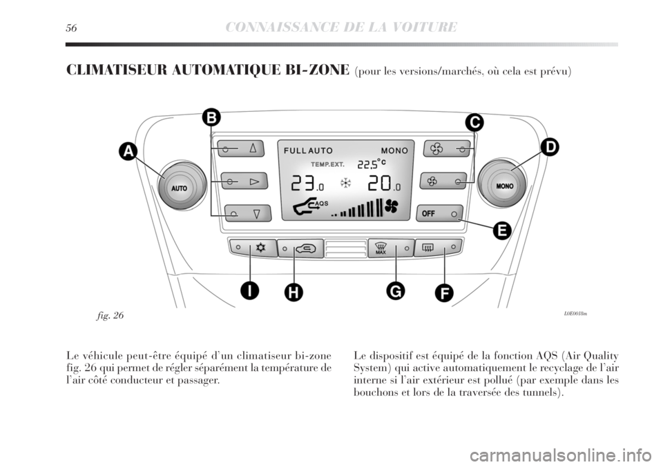 Lancia Delta 2011  Notice dentretien (in French) 56CONNAISSANCE DE LA VOITURE
CLIMATISEUR AUTOMATIQUE BI-ZONE (pour les versions/marchés, où cela est prévu)
L0E0018mfig. 26
Le véhicule peut-être équipé d’un climatiseur bi-zone
fig. 26 qui p