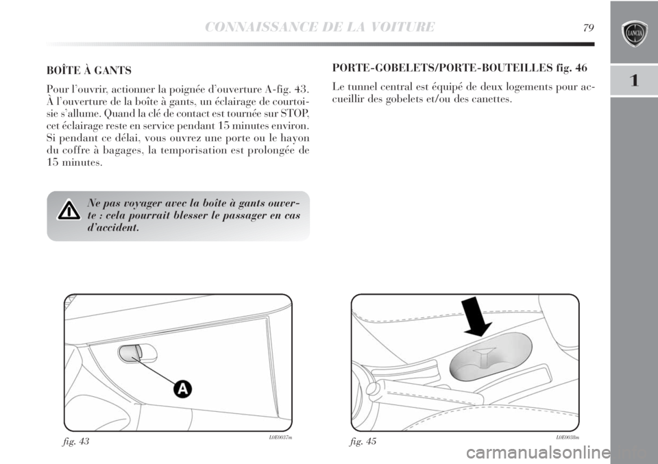 Lancia Delta 2011  Notice dentretien (in French) CONNAISSANCE DE LA VOITURE79
1
Ne pas voyager avec la boîte à gants ouver-
te : cela pourrait blesser le passager en cas
d’accident.
BOÎTE À GANTS
Pour l’ouvrir, actionner la poignée d’ouve