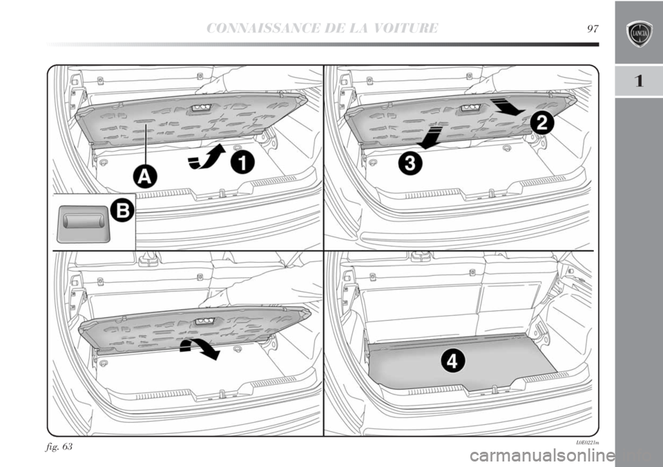 Lancia Delta 2011  Notice dentretien (in French) CONNAISSANCE DE LA VOITURE97
1
fig. 63L0E0221m 