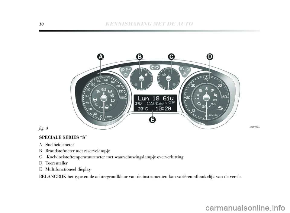 Lancia Delta 2015  Instructieboek (in Dutch) 10KENNISMAKING MET DE AUTO
SPECIALE SERIES “S” 
A Snelheids meter
B Brands tofmeter met res ervelampje
C Koelvloeis toftemperatuurmeter met waar schuwings lampje oververhitting
D Toerenteller
E Mu