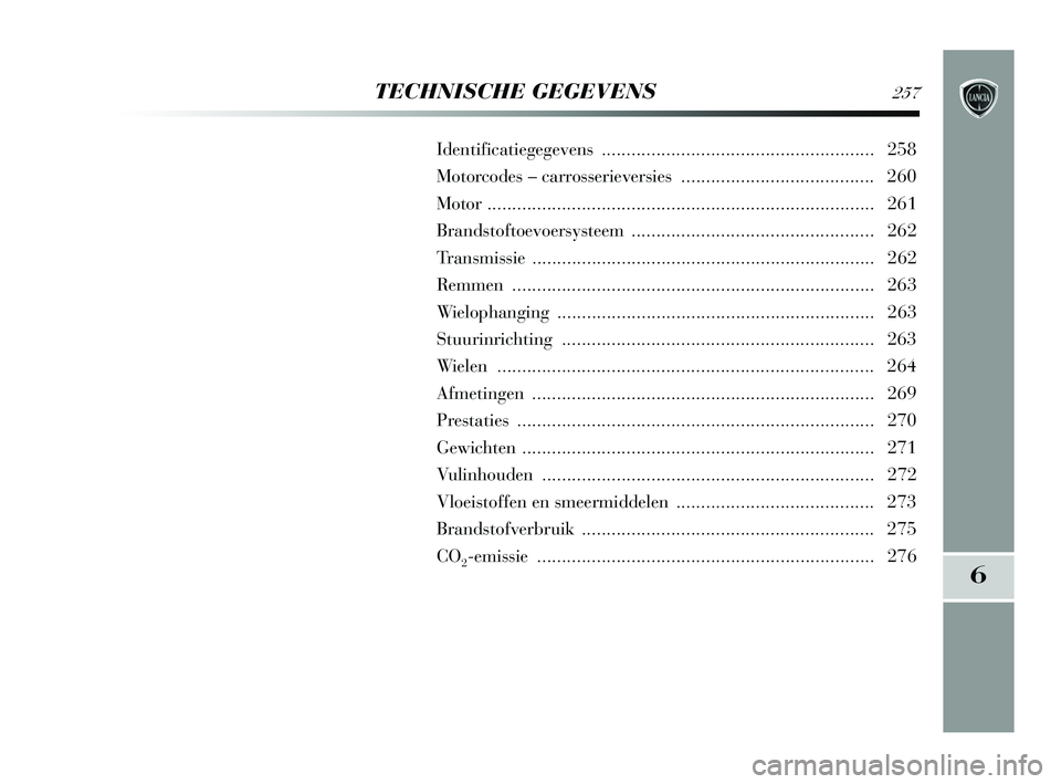 Lancia Delta 2015 Instructieboek (in Dutch) 6
TECHNISCHE GEGEVENS257
Identificatiegegevens ....................................................... 258
Motorcodes – carrosserieversies ....................................... 260
Motor ......... Lancia Delta 2015 Instructieboek (in Dutch) 6
TECHNISCHE GEGEVENS257
Identificatiegegevens ....................................................... 258
Motorcodes – carrosserieversies ....................................... 260
Motor .........