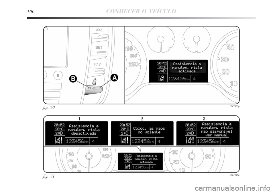 Lancia Delta 2009  Manual de Uso e Manutenção (in Portuguese) 106CONHECER O VEÍCULO
fig. 70L0E1009p
fig. 71L0E1010p
123 