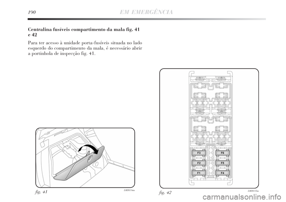 Lancia Delta 2008  Manual de Uso e Manutenção (in Portuguese) 190EM EMERGÊNCIA
Centralina fusíveis compartimento da mala fig. 41
e 42
Para ter acesso à unidade porta-fusíveis situada no lado
esquerdo do compartimento da mala, é necessário abrir
a portinhol