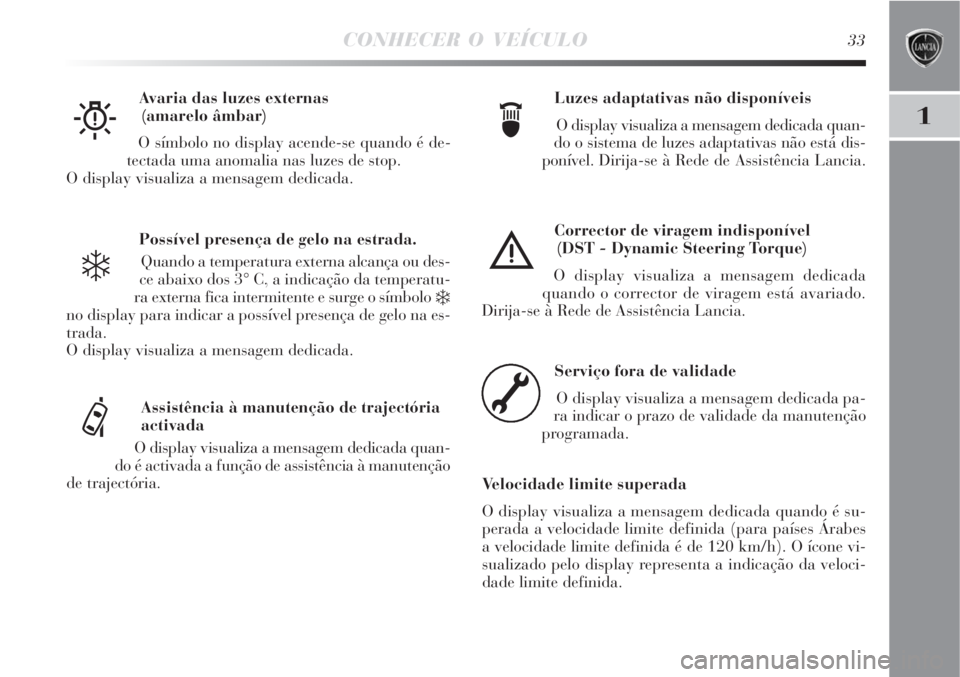 Lancia Delta 2009  Manual de Uso e Manutenção (in Portuguese) CONHECER O VEÍCULO33
1
Possível presença de gelo na estrada.
Quando a temperatura externa alcança ou des-
ce abaixo dos 3° C, a indicação da temperatu-
ra externa fica intermitente e surge o s