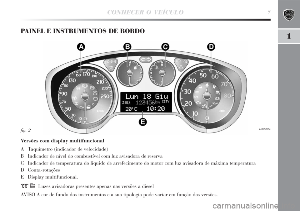 Lancia Delta 2009  Manual de Uso e Manutenção (in Portuguese) CONHECER O VEÍCULO7
1
PAINEL E INSTRUMENTOS DE BORDO
Versões com display multifuncional
A Taquímetro (indicador de velocidade)
B Indicador de nível do combustível com luz avisadora de reserva
C I