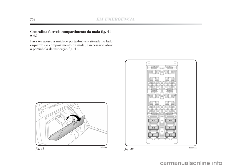 Lancia Delta 2010  Manual de Uso e Manutenção (in Portuguese) 208EM EMERGÊNCIA
Centralina fusíveis compartimento da mala fig. 41
e 42
Para ter acesso à unidade porta-fusíveis situada no lado
esquerdo do compartimento da mala, é necessário abrir
a portinhol
