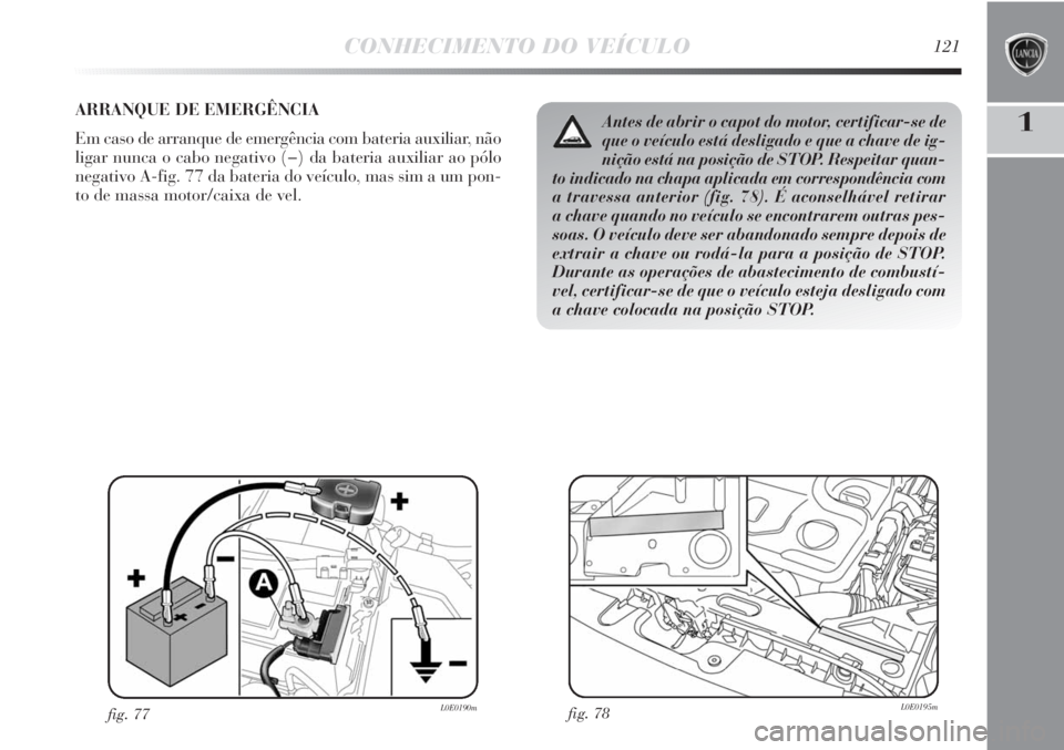 Lancia Delta 2011  Manual de Uso e Manutenção (in Portuguese) CONHECIMENTO DO VEÍCULO121
1ARRANQUE DE EMERGÊNCIA 
Em caso de arranque de emergência com bateria auxiliar, não
ligar nunca o cabo negativo (−) da bateria auxiliar ao pólo
negativo A-fig. 77 da