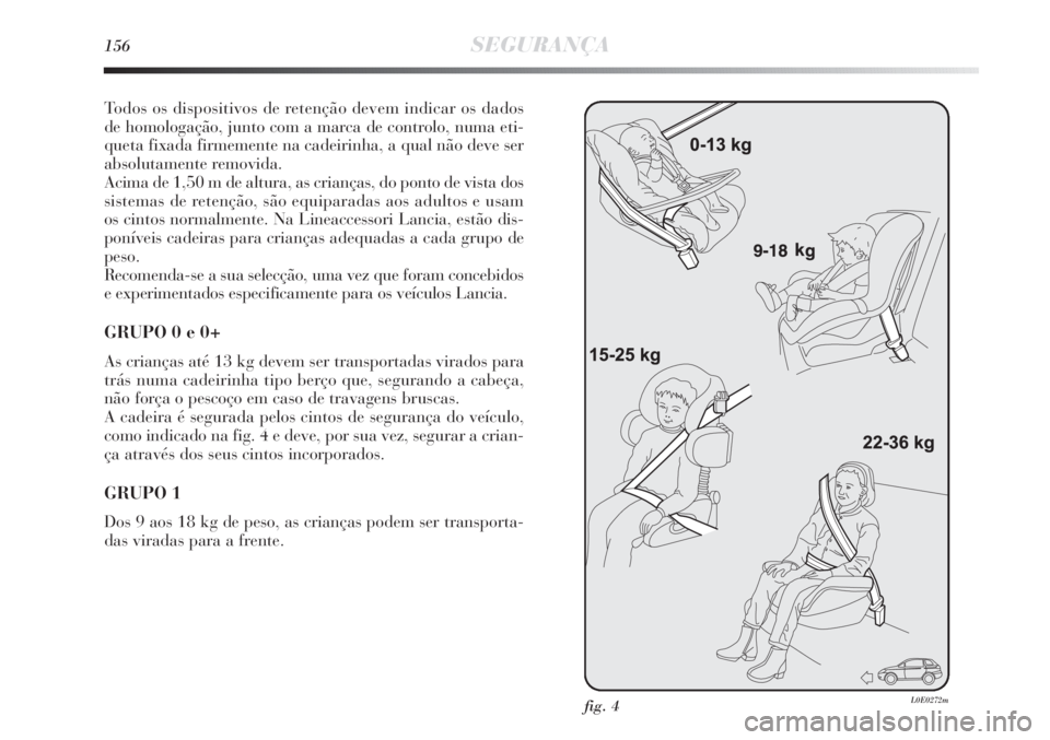 Lancia Delta 2011  Manual de Uso e Manutenção (in Portuguese) 156SEGURANÇA
Todos os dispositivos de retenção devem indicar os dados
de homologação, junto com a marca de controlo, numa eti-
queta fixada firmemente na cadeirinha, a qual não deve ser
absoluta