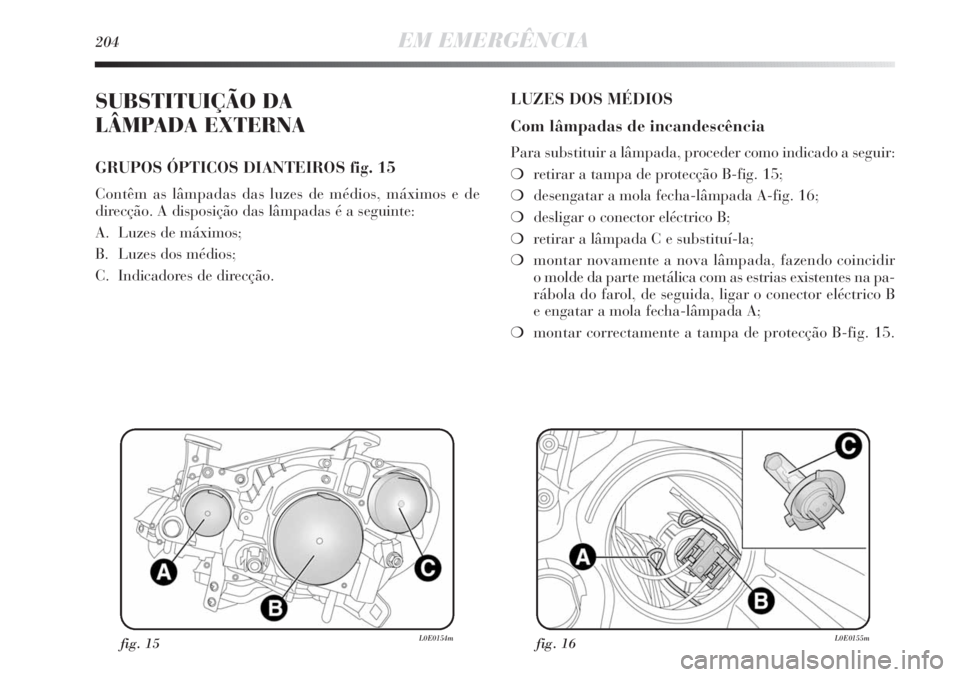 Lancia Delta 2011  Manual de Uso e Manutenção (in Portuguese) 204EM EMERGÊNCIA
SUBSTITUIÇÃO DA 
LÂMPADA EXTERNA
GRUPOS ÓPTICOS DIANTEIROS fig. 15
Contêm as lâmpadas das luzes de médios, máximos e de 
direcção. A disposição das lâmpadas é a seguint