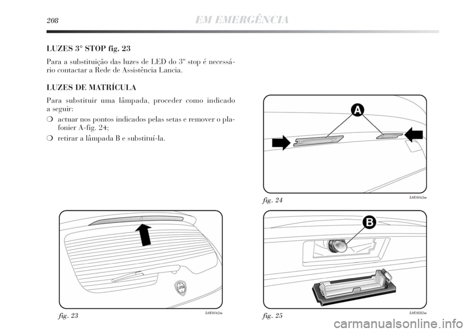 Lancia Delta 2011  Manual de Uso e Manutenção (in Portuguese) 208EM EMERGÊNCIA
LUZES 3° STOP fig. 23
Para a substituição das luzes de LED do 3º stop é necessá-
rio contactar a Rede de Assistência Lancia.
LUZES DE MATRÍCULA
Para substituir uma lâmpada, 