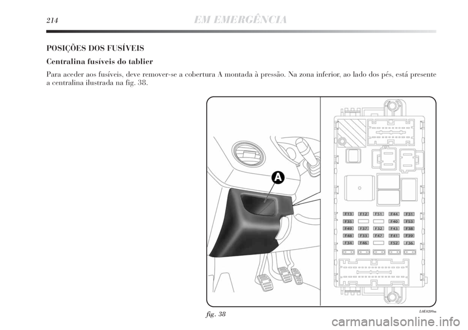 Lancia Delta 2011  Manual de Uso e Manutenção (in Portuguese) 214EM EMERGÊNCIA
fig. 38L0E0209m
POSIÇÕES DOS FUSÍVEIS
Centralina fusíveis do tablier
Para aceder aos fusíveis, deve remover-se a cobertura A montada à pressão. Na zona inferior, ao lado dos p
