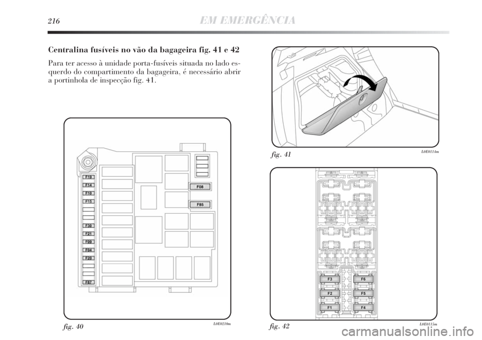 Lancia Delta 2011  Manual de Uso e Manutenção (in Portuguese) 216EM EMERGÊNCIA
Centralina fusíveis no vão da bagageira fig. 41 e 42
Para ter acesso à unidade porta-fusíveis situada no lado es-
querdo do compartimento da bagageira, é necessário abrir
a por