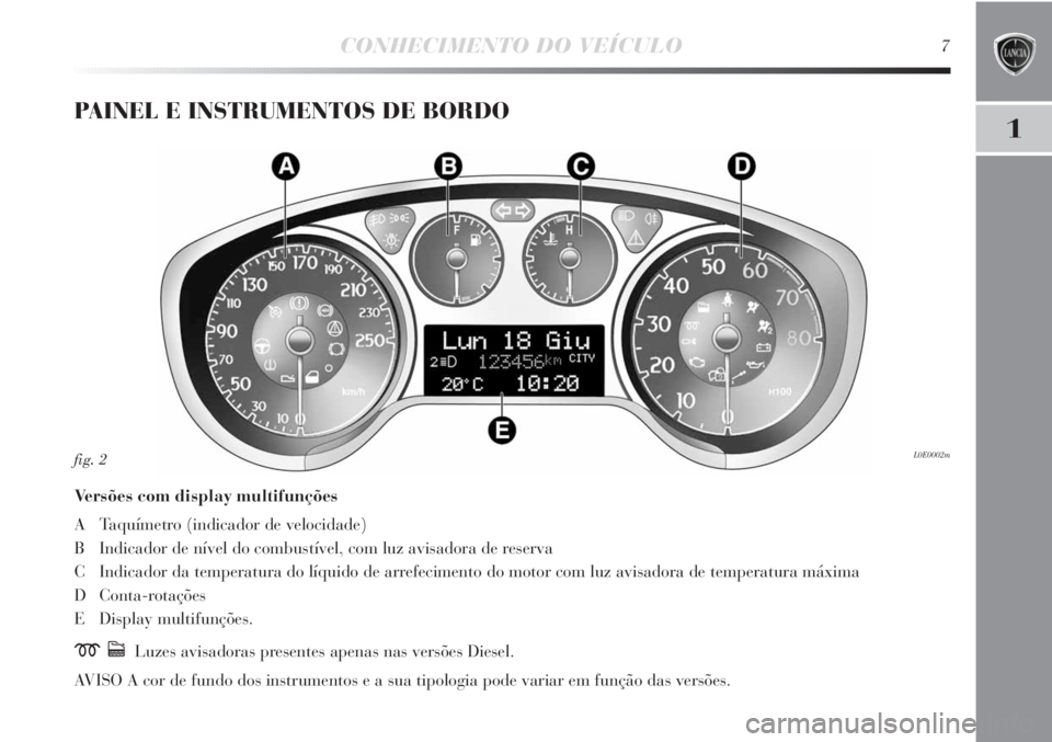 Lancia Delta 2011  Manual de Uso e Manutenção (in Portuguese) 1
CONHECIMENTO DO VEÍCULO7
PAINEL E INSTRUMENTOS DE BORDO
Versões com display multifunções
A Taquímetro (indicador de velocidade)
B Indicador de nível do combustível, com luz avisadora de reser
