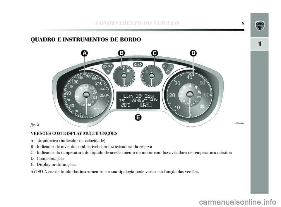 Lancia Delta 2015  Manual de Uso e Manutenção (in Portuguese) 1
CONHECIMENTO DO VEÍCULO9
QUADRO E INSTRUMENTOS DE BORDO
VERSÕES COM DISPLAY MULTIFUNÇÕES
A Taquímetro (indicador de velocidade) 
B Indicador de nível do combu stível com luz avi sadora da res