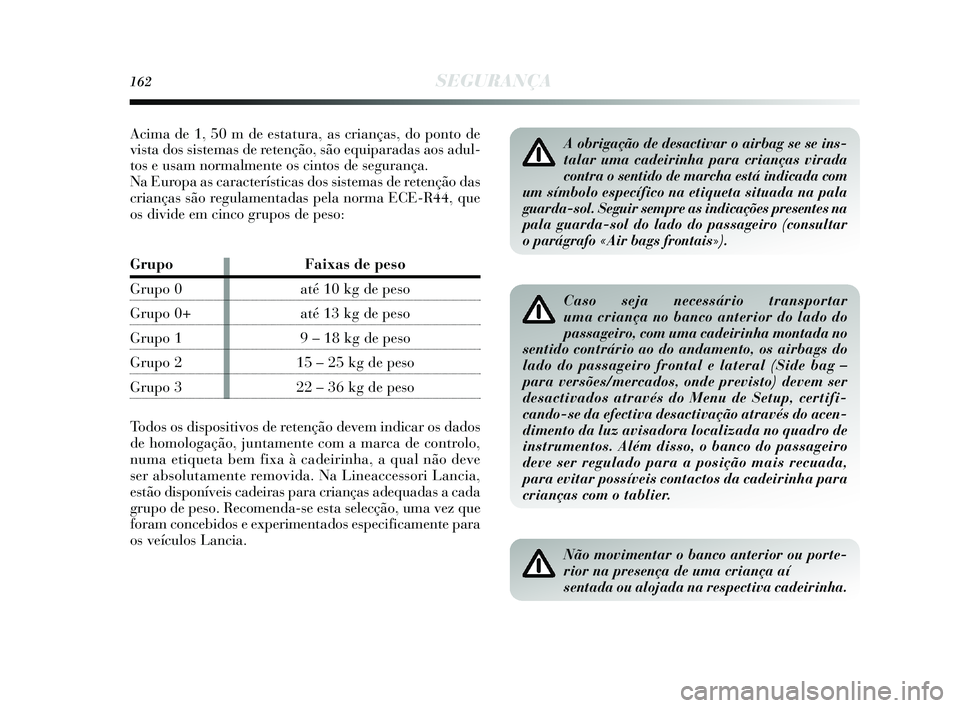 Lancia Delta 2015 Manual de Uso e Manutenção (in Portuguese) 162SEGURANÇA
Caso seja necessário transportar
uma criança no banco anterior do lado do
passageiro, com uma cadeirinha montada no
sentido contrário ao do andamento, os airbags do
lado do passageiro Lancia Delta 2015 Manual de Uso e Manutenção (in Portuguese) 162SEGURANÇA
Caso seja necessário transportar
uma criança no banco anterior do lado do
passageiro, com uma cadeirinha montada no
sentido contrário ao do andamento, os airbags do
lado do passageiro