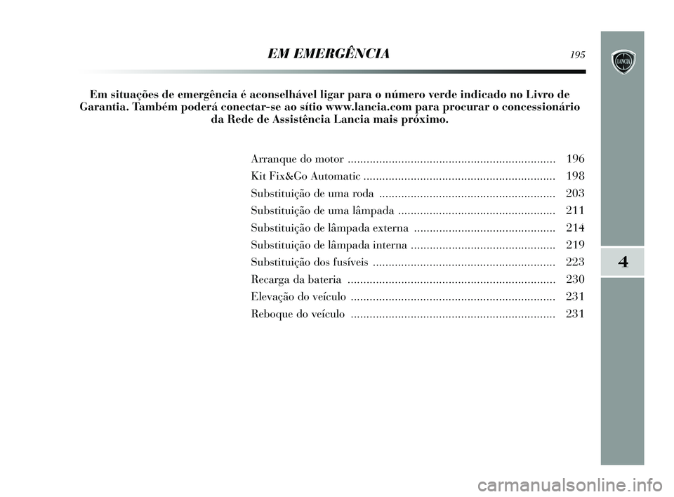 Lancia Delta 2015  Manual de Uso e Manutenção (in Portuguese) 4
    EM EMERGÊNCIA195
Arranque do motor .................................................................. 196
Kit Fix&Go Automatic ............................................................. 198
