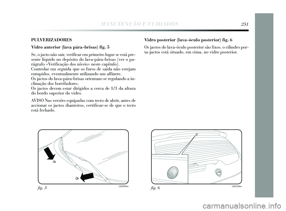 Lancia Delta 2015  Manual de Uso e Manutenção (in Portuguese) PULVERIZADORES
Vidro anterior (lava pára-brisas) fig. 5
Se, o jacto não sair, verificar em primeiro lugar se está pre-
sente líquido no depósito do lava-pára-brisas (ver o pa-
rágrafo «Verific