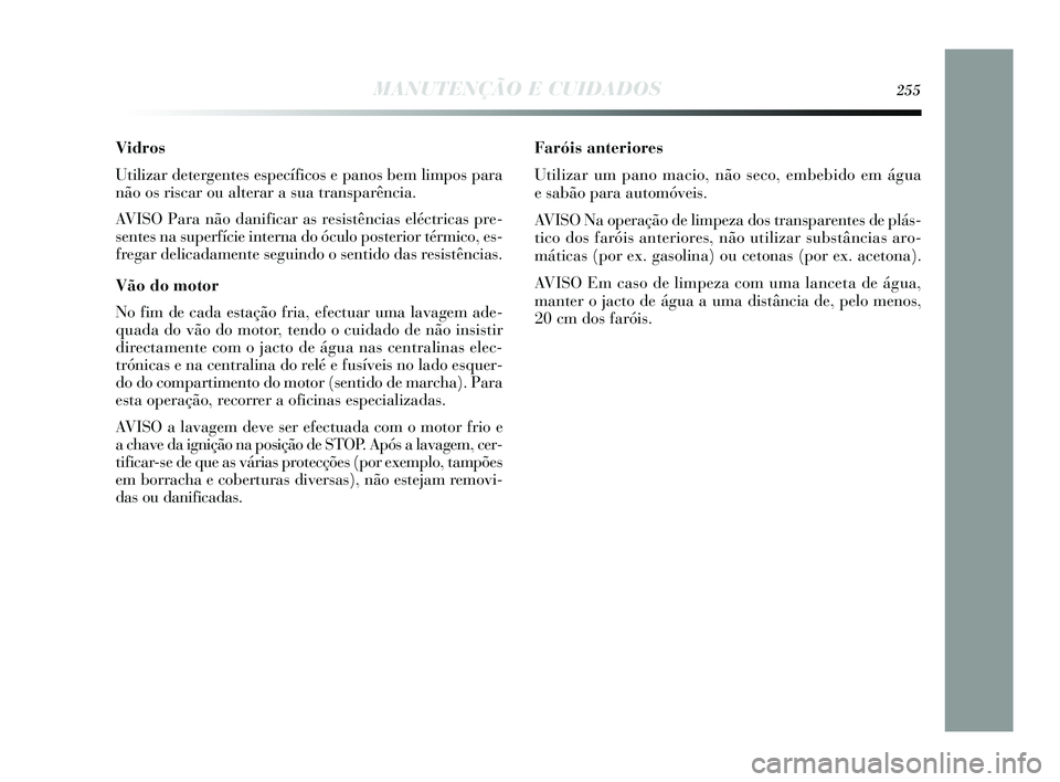 Lancia Delta 2015  Manual de Uso e Manutenção (in Portuguese) MANUTENÇÃO E CUIDADOS255
Vidros
Utilizar detergentes específicos e panos bem limpos para
não os riscar ou alterar a sua transparência. 
AVISO Para não danificar as resistências eléctricas pre-