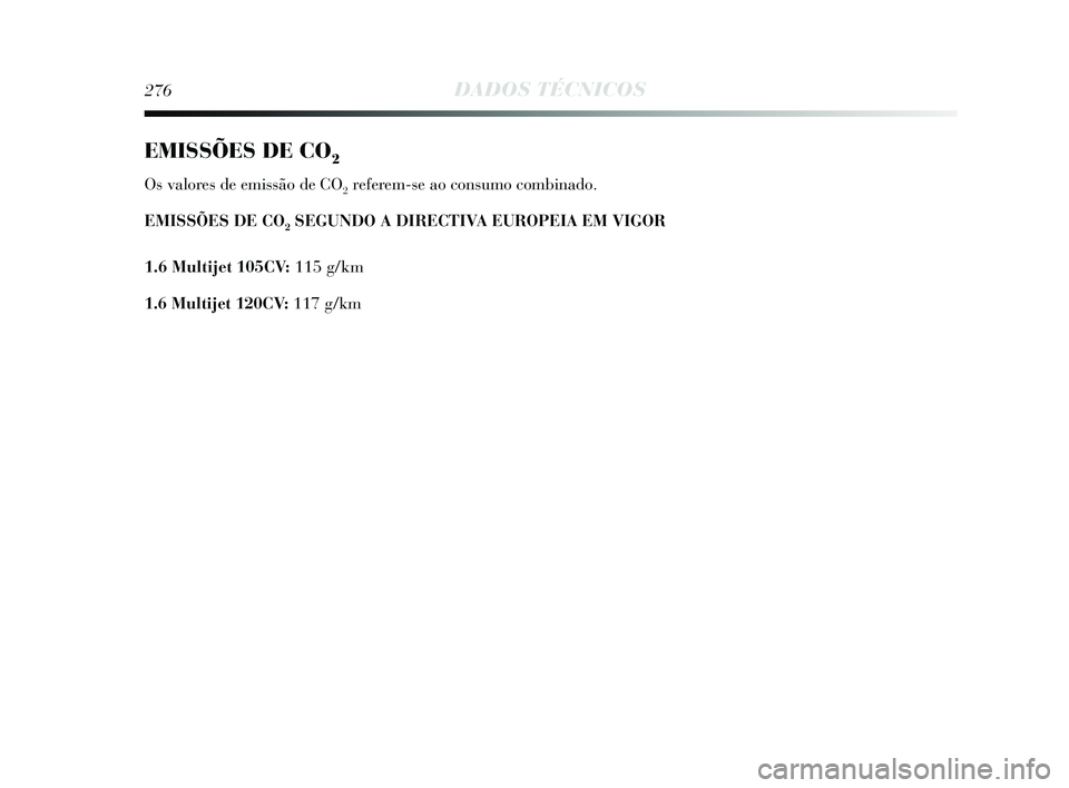 Lancia Delta 2015  Manual de Uso e Manutenção (in Portuguese) 276DADOS TÉCNICOS
EMISSÕES DE CO2
Os valores de emissão de CO2referem-se ao consumo combinado. 
EMISSÕES DE CO
2SEGUNDO A DIRECTIVA EUROPEIA EM VIGOR
1.6 Multijet 105CV:  115 g/km
1.6 Multijet 120