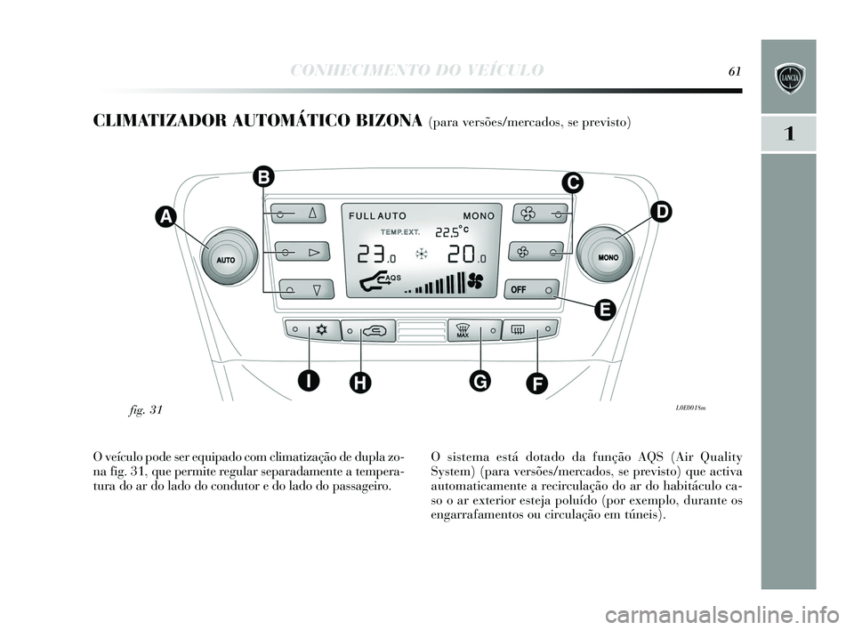 Lancia Delta 2015  Manual de Uso e Manutenção (in Portuguese) CONHECIMENTO DO VEÍCULO61
1
CLIMATIZADOR AUTOMÁTICO BIZONA (para versões/mercados, se previsto) 
L0E0018mfig. 31
O veículo pode ser equipado com climatização de dupla zo-
na fig. 31, que permite