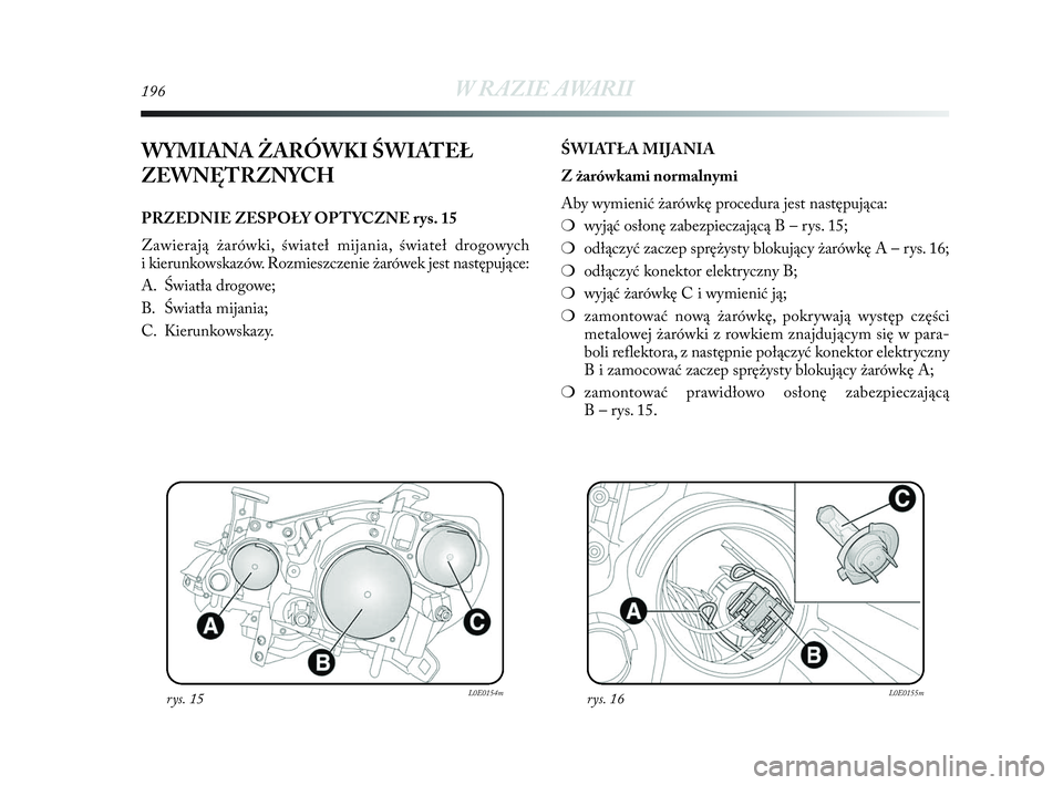 Lancia Delta 2010  Instrukcja obsługi (in Polish) 196W RAZIE AWARII
WYMIANA ŻARÓWKI ŚWIATEŁ
ZEWNĘTRZNYCH
PRZEDNIE ZESPOŁY OPTYCZNE rys. 15
Zawierają żarówki, świateł mijania, świateł drogowych 
i   kierunkowskazów. Rozmieszczenie żaró