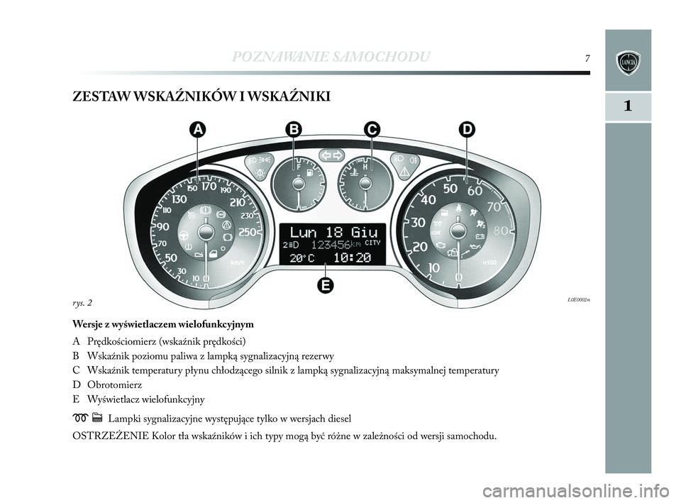 Lancia Delta 2010  Instrukcja obsługi (in Polish) 1
POZNAWANIE SAMOCHODU7
ZESTAW    WSKAŹNIKÓW    I  WSKAŹNIKI
Wersje  z    wyświetlaczem  wielofunkcyjnym
A Prędkościomierz (wskaźnik prędkości)
B Wskaźnik poziomu paliwa z   lampką sygnaliz