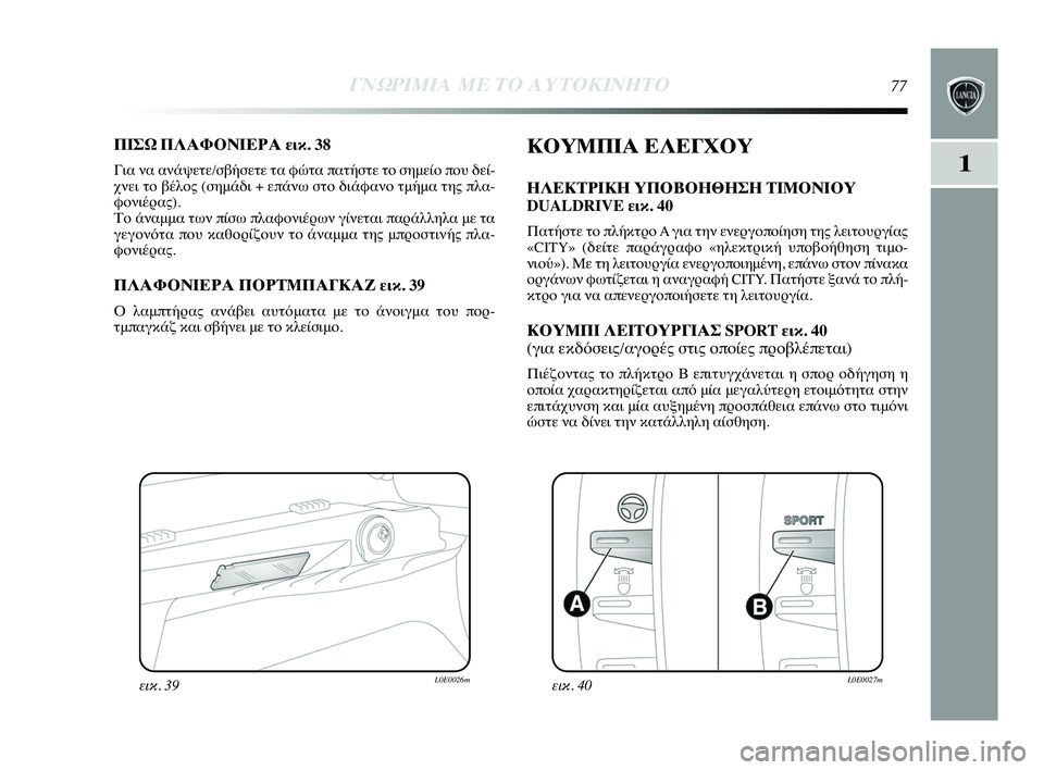 Lancia Delta 2015  ΒΙΒΛΙΟ ΧΡΗΣΗΣ ΚΑΙ ΣΥΝΤΗΡΗΣΗΣ (in Greek) 1
ΓΝΩΡ\bΜ\bΑ ΜΕ ΤΟ Α\fΤΟΚ\bΝΗΤ\ΗΟ77
ΠΙΣΩ ΠΛΑΦΟΝΙΕΡΑ εικ. 38
Για να ανάψετε/σβήσετε τYύα φώτα πατήστε τYf σημείYf πYύYfυ δ