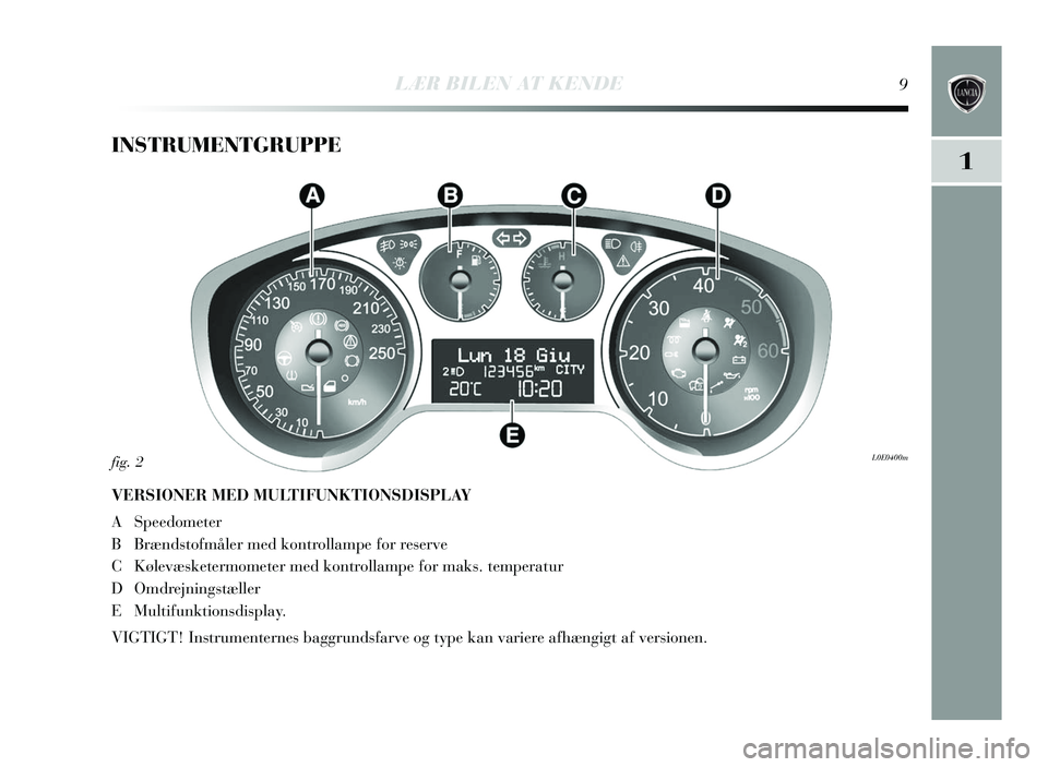 Lancia Delta 2015  Brugs- og vedligeholdelsesvejledning (in Danish) 1
LÆR BILEN AT KENDE9
INSTRUMENTGRUPPE
VERSIONER MED MULTIFUNKTIONSDISPLAY
A Speedometer
BBr ænds tofmåler med kontrollampe for re serve
C Kølevæsketermometer med kontrollampe for mak s. temperat