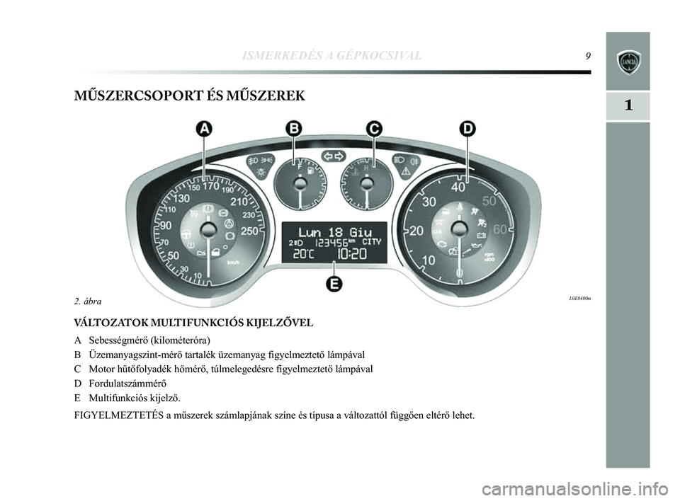 Lancia Delta 2014  Kezelési és karbantartási útmutató (in Hungarian) 1
ISMERKEDÉS A GÉPKOCSIVAL9
MŰSZERCSOPORT ÉS MŰSZEREK
VÁLTOZATOK MULTIFUNKCIÓS KIJELZŐVEL
A Sebességmérő (kilométeróra) 
B Üzemanyagszint-mérő tartalék üzemanyag figyelmeztető l\
á