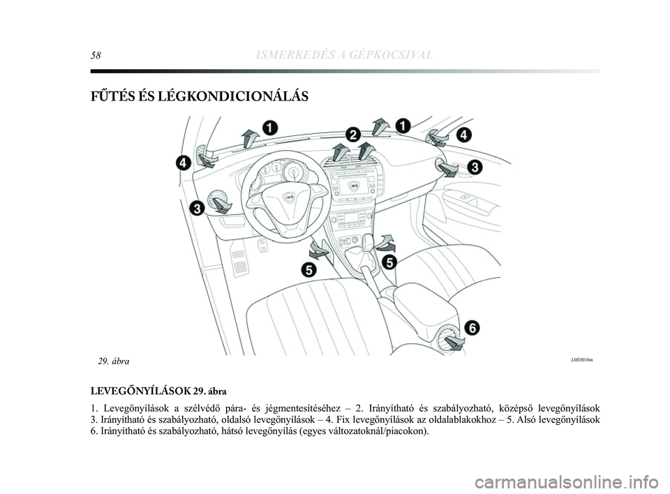 Lancia Delta 2014  Kezelési és karbantartási útmutató (in Hungarian) 58ISMERKEDÉS A GÉPKOCSIVAL
FŰTÉS ÉS LÉGKONDICIONÁLÁS
LEVEGŐNYÍLÁSOK 29. ábra
1. Levegőnyílások a szélvédő pára- és jégment\
esítéséhez – 2. Irányítható és szabályozható