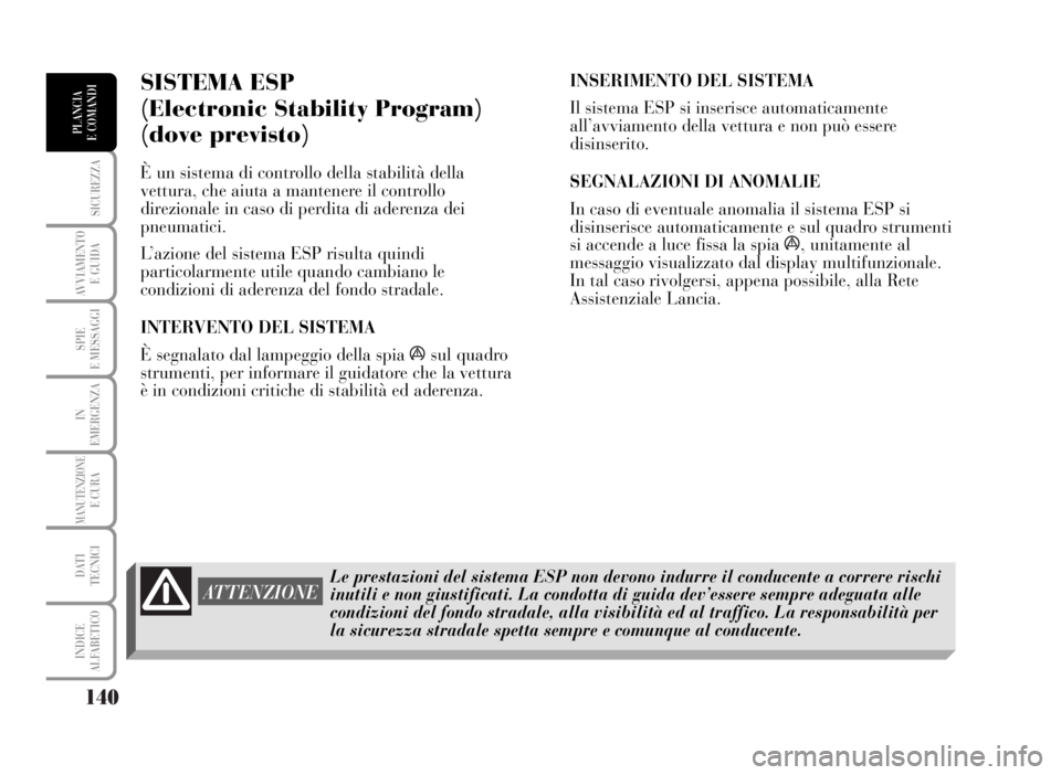 Lancia Musa 2007  Libretto Uso Manutenzione (in Italian) 140
SICUREZZA
AVVIAMENTO 
E GUIDA
SPIE
E MESSAGGI
IN
EMERGENZA
MANUTENZIONEE CURA
DATI 
TECNICI
INDICE
ALFABETICO
PLANCIA
E COMANDI
SISTEMA ESP
(Electronic Stability Program) 
(dove previsto)
È un si