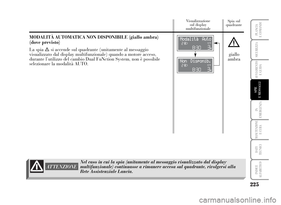 Lancia Musa 2007  Libretto Uso Manutenzione (in Italian) 225
IN
EMERGENZA
MANUTENZIONEE CURA
DATI 
TECNICI
INDICE
ALFABETICO
PLANCIA
E COMANDI
SICUREZZA
AVVIAMENTO 
E GUIDA
SPIE
E MESSAGGI
Spia sul
quadrante Visualizzazione 
sul display 
multifunzionale
MOD