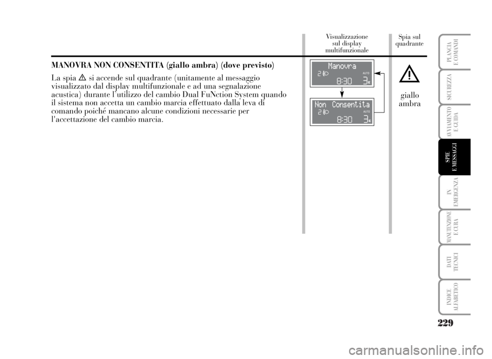 Lancia Musa 2007  Libretto Uso Manutenzione (in Italian) 229
IN
EMERGENZA
MANUTENZIONEE CURA
DATI 
TECNICI
INDICE
ALFABETICO
PLANCIA
E COMANDI
SICUREZZA
AVVIAMENTO 
E GUIDA
SPIE
E MESSAGGI
Spia sul
quadrante Visualizzazione 
sul display 
multifunzionale
MAN
