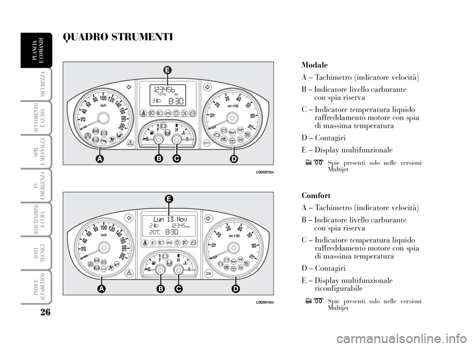 Lancia Musa 2007  Libretto Uso Manutenzione (in Italian) 26
SICUREZZA
AVVIAMENTO 
E GUIDA
SPIE
E MESSAGGI
IN
EMERGENZA
MANUTENZIONEE CURA
DATI 
TECNICI
INDICE
ALFABETICO
PLANCIA
E COMANDI
Modale
A – Tachimetro (indicatore velocità)
B – Indicatore livel