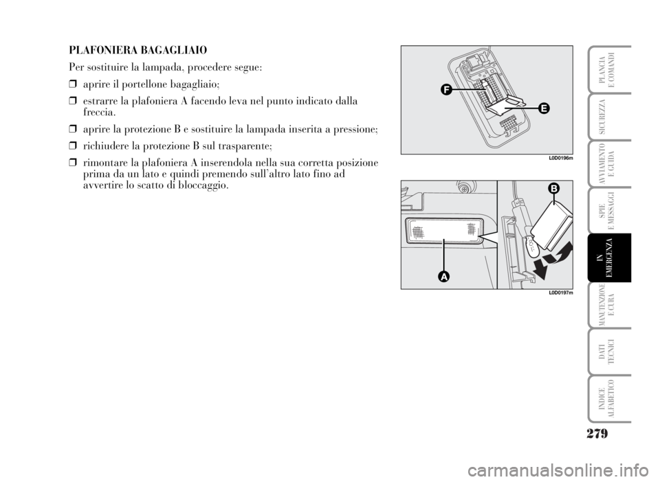Lancia Musa 2007  Libretto Uso Manutenzione (in Italian) 279
SPIE
E MESSAGGI
MANUTENZIONEE CURA
DATI 
TECNICI
INDICE
ALFABETICO
PLANCIA
E COMANDI
SICUREZZA
AVVIAMENTO 
E GUIDA
IN
EMERGENZA
L0D0196m
L0D0197m
PLAFONIERA BAGAGLIAIO
Per sostituire la lampada, p