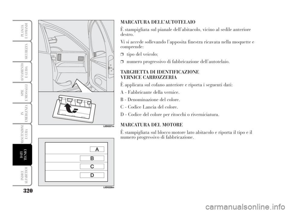 Lancia Musa 2007  Libretto Uso Manutenzione (in Italian) MARCATURA DELL’AUTOTELAIO
È stampigliata sul pianale dell’abitacolo, vicino al sedile anteriore
destro.
Vi si accede sollevando l’apposita finestra ricavata nella moquette e
comprende:
❒tipo 