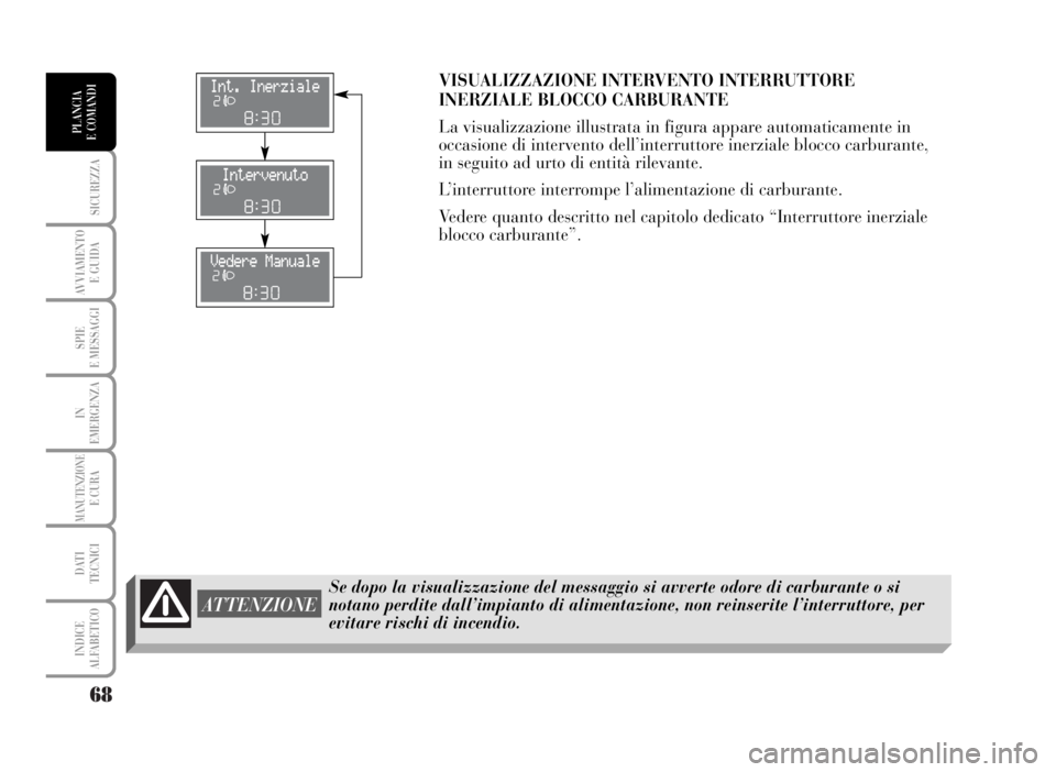 Lancia Musa 2007  Libretto Uso Manutenzione (in Italian) 68
SICUREZZA
AVVIAMENTO 
E GUIDA
SPIE
E MESSAGGI
IN
EMERGENZA
MANUTENZIONEE CURA
DATI 
TECNICI
INDICE
ALFABETICO
PLANCIA
E COMANDI
Se dopo la visualizzazione del messaggio si avverte odore di carburan