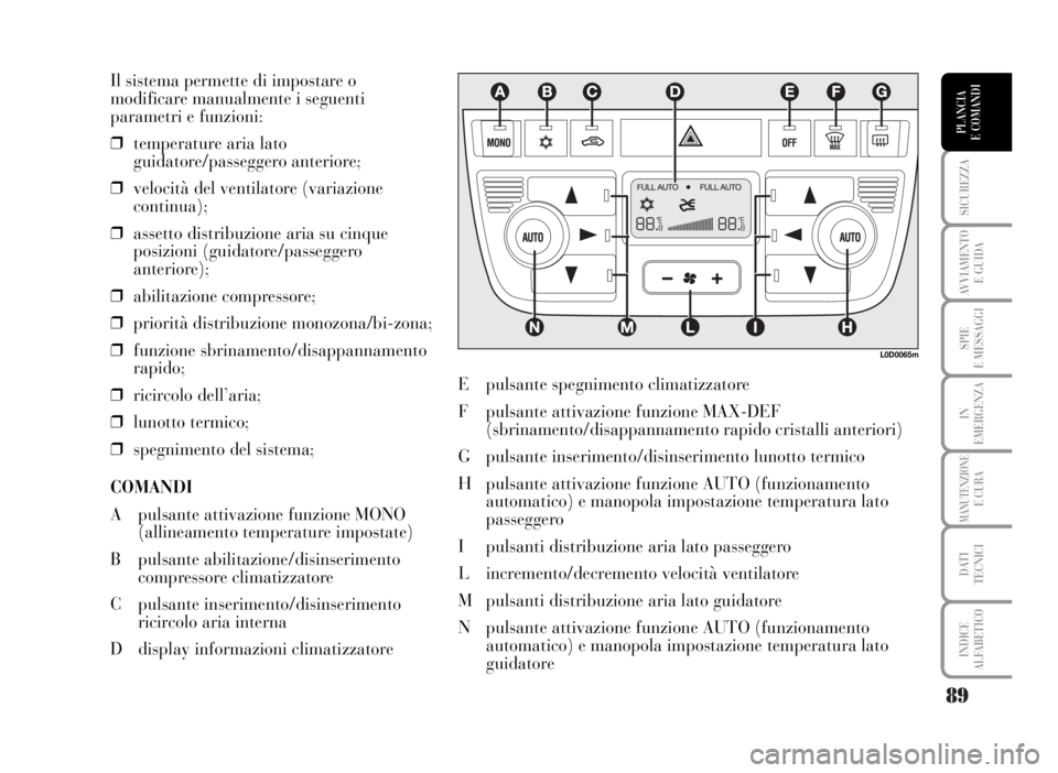 Lancia Musa 2007 Libretto Uso Manutenzione (in Italian) 89
SICUREZZA
AVVIAMENTO
E GUIDA
SPIE
E MESSAGGI
IN
EMERGENZA
MANUTENZIONEE CURA
DATI
TECNICI
INDICE
ALFABETICO
PLANCIA
E COMANDI
Il sistema permette di impostare o
modificare manualmente i seguenti
Lancia Musa 2007 Libretto Uso Manutenzione (in Italian) 89
SICUREZZA
AVVIAMENTO
E GUIDA
SPIE
E MESSAGGI
IN
EMERGENZA
MANUTENZIONEE CURA
DATI
TECNICI
INDICE
ALFABETICO
PLANCIA
E COMANDI
Il sistema permette di impostare o
modificare manualmente i seguenti