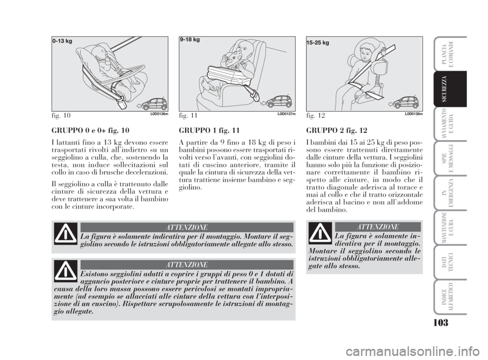 Lancia Musa 2008 Libretto Uso Manutenzione (in Italian) 103
AVVIAMENTO
E GUIDA
SPIE
E MESSAGGI
IN
EMERGENZA
MANUTENZIONEE CURA
DATI
TECNICI
INDICE
ALFABETICO
PLANCIA
E COMANDI
SICUREZZA
GRUPPO 0 e 0+ fig. 10
I lattanti fino a 13 kg devono essere
trasport Lancia Musa 2008 Libretto Uso Manutenzione (in Italian) 103
AVVIAMENTO
E GUIDA
SPIE
E MESSAGGI
IN
EMERGENZA
MANUTENZIONEE CURA
DATI
TECNICI
INDICE
ALFABETICO
PLANCIA
E COMANDI
SICUREZZA
GRUPPO 0 e 0+ fig. 10
I lattanti fino a 13 kg devono essere
trasport