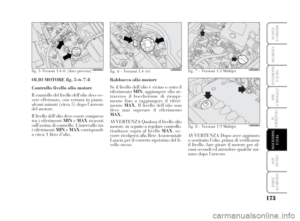 Lancia Musa 2008 Libretto Uso Manutenzione (in Italian) 173
SPIE
E MESSAGGI
DATI
TECNICI
INDICE
ALFABETICO
PLANCIA
E COMANDI
SICUREZZA
AVVIAMENTO
E GUIDA
IN
EMERGENZA
MANUTENZIONEE CURA
fig. 5 - Versioni 1.4 8V(dove prevista)L0D0258mfig. 6 - Versioni 1.4 Lancia Musa 2008 Libretto Uso Manutenzione (in Italian) 173
SPIE
E MESSAGGI
DATI
TECNICI
INDICE
ALFABETICO
PLANCIA
E COMANDI
SICUREZZA
AVVIAMENTO
E GUIDA
IN
EMERGENZA
MANUTENZIONEE CURA
fig. 5 - Versioni 1.4 8V(dove prevista)L0D0258mfig. 6 - Versioni 1.4