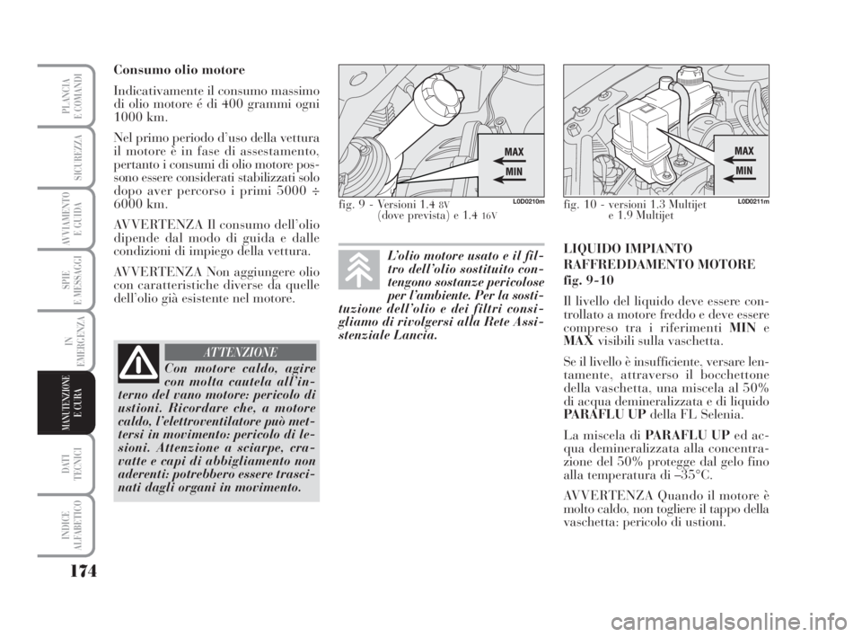 Lancia Musa 2008 Libretto Uso Manutenzione (in Italian) 174
SPIE
E MESSAGGI
DATI
TECNICI
INDICE
ALFABETICO
PLANCIA
E COMANDI
SICUREZZA
AVVIAMENTO
E GUIDA
IN
EMERGENZA
MANUTENZIONEE CURA
Consumo olio motore
Indicativamente il consumo massimo
di olio motor Lancia Musa 2008 Libretto Uso Manutenzione (in Italian) 174
SPIE
E MESSAGGI
DATI
TECNICI
INDICE
ALFABETICO
PLANCIA
E COMANDI
SICUREZZA
AVVIAMENTO
E GUIDA
IN
EMERGENZA
MANUTENZIONEE CURA
Consumo olio motore
Indicativamente il consumo massimo
di olio motor