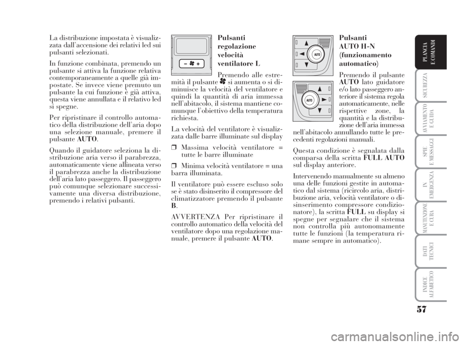 Lancia Musa 2008 Libretto Uso Manutenzione (in Italian) 57
SICUREZZA
AVVIAMENTO
E GUIDA
SPIE
E MESSAGGI
IN
EMERGENZA
MANUTENZIONEE CURA
DATI
TECNICI
INDICE
ALFABETICO
PLANCIA
E COMANDI
La distribuzione impostata è visualiz-
zata dall’accensione dei re Lancia Musa 2008 Libretto Uso Manutenzione (in Italian) 57
SICUREZZA
AVVIAMENTO
E GUIDA
SPIE
E MESSAGGI
IN
EMERGENZA
MANUTENZIONEE CURA
DATI
TECNICI
INDICE
ALFABETICO
PLANCIA
E COMANDI
La distribuzione impostata è visualiz-
zata dall’accensione dei re