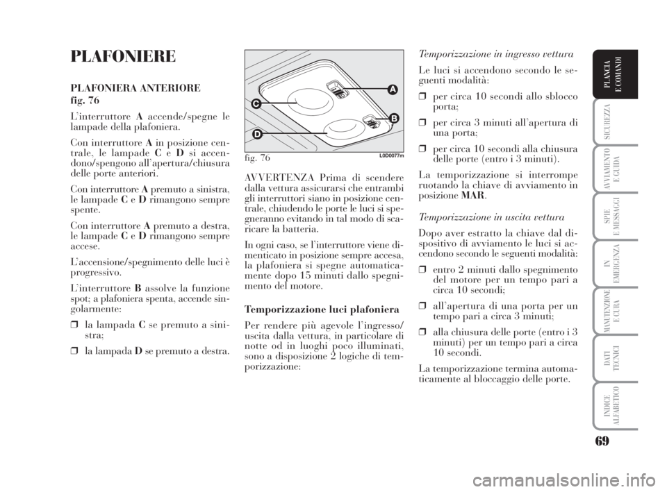 Lancia Musa 2008 Libretto Uso Manutenzione (in Italian) 69
SICUREZZA
AVVIAMENTO
E GUIDA
SPIE
E MESSAGGI
IN
EMERGENZA
MANUTENZIONEE CURA
DATI
TECNICI
INDICE
ALFABETICO
PLANCIA
E COMANDI
PLAFONIERE
PLAFONIERA ANTERIORE
fig. 76
L’interruttore Aaccende/sp Lancia Musa 2008 Libretto Uso Manutenzione (in Italian) 69
SICUREZZA
AVVIAMENTO
E GUIDA
SPIE
E MESSAGGI
IN
EMERGENZA
MANUTENZIONEE CURA
DATI
TECNICI
INDICE
ALFABETICO
PLANCIA
E COMANDI
PLAFONIERE
PLAFONIERA ANTERIORE
fig. 76
L’interruttore Aaccende/sp